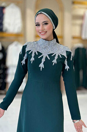 Taş Detaylı Abiye Elbise 3916 Zümrüt