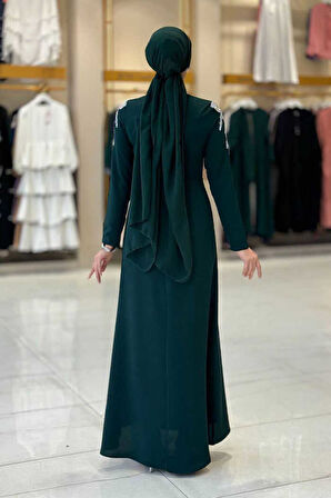 Taş Detaylı Abiye Elbise 3916 Zümrüt