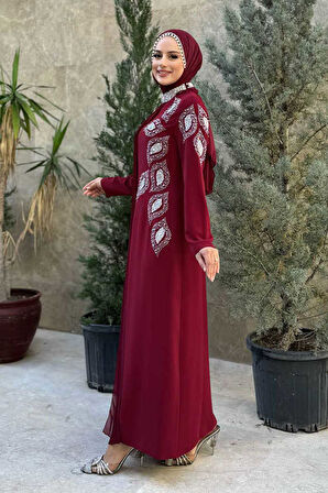 Taş Detaylı Pelerinli Elbise 3938 Bordo
