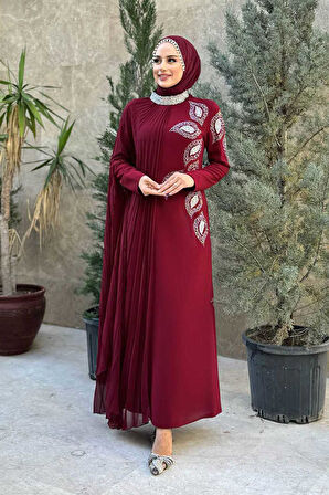 Taş Detaylı Pelerinli Elbise 3938 Bordo
