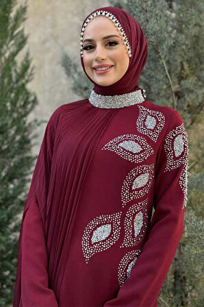 Taş Detaylı Pelerinli Elbise 3938 Bordo