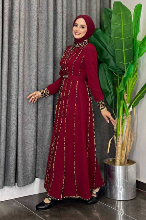 Leopar Biyeli Kemerli Elbise 3930 Bordo