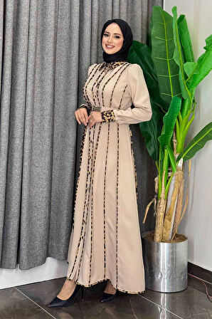 Leopar Biyeli Kemerli Elbise 3930 Taş