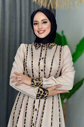 Leopar Biyeli Kemerli Elbise 3930 Taş