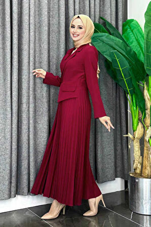 Ceket Görünümlü Eteği Piliseli Elbise 3700 Bordo