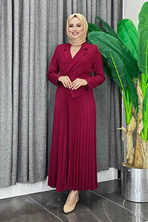 Ceket Görünümlü Eteği Piliseli Elbise 3700 Bordo