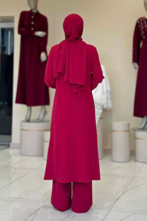 Verevli Tunik, Pantolon ve Şal Üçlü Takım 3937 Bordo