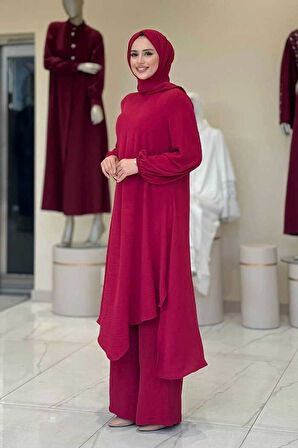 Verevli Tunik, Pantolon ve Şal Üçlü Takım 3937 Bordo