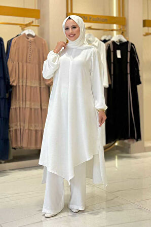 Verevli Tunik, Pantolon ve Şal Üçlü Takım 3937 Ekru