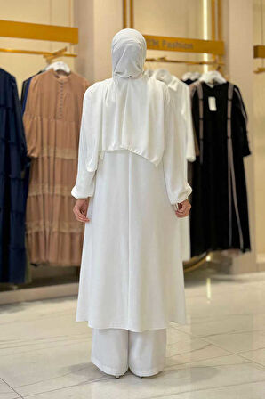 Verevli Tunik, Pantolon ve Şal Üçlü Takım 3937 Ekru