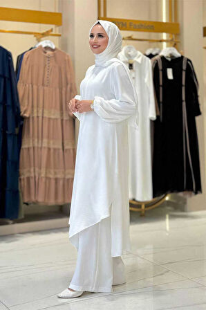 Verevli Tunik, Pantolon ve Şal Üçlü Takım 3937 Ekru