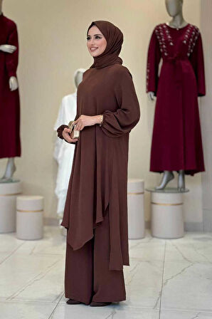 Verevli Tunik, Pantolon ve Şal Üçlü Takım 3937 Kahverengi
