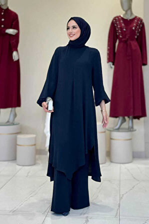 Verevli Tunik, Pantolon ve Şal Üçlü Takım 3937 Lacivert