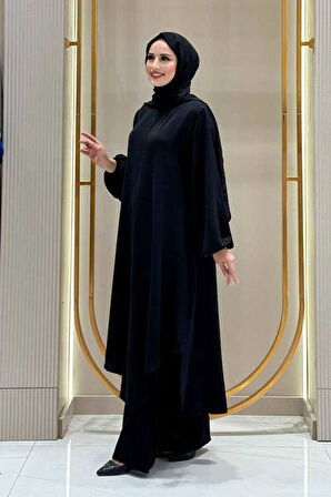 Verevli Tunik, Pantolon ve Şal Üçlü Takım 3937 Siyah