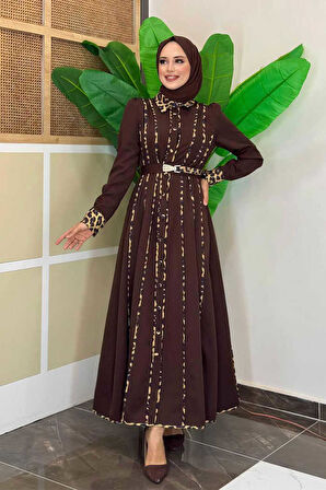 Leopar Biyeli Kemerli Elbise 3930 Kahverengi