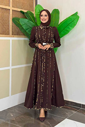 Leopar Biyeli Kemerli Elbise 3930 Kahverengi