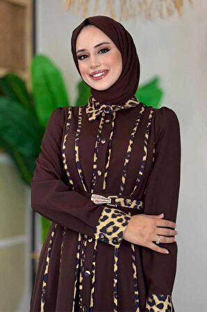 Leopar Biyeli Kemerli Elbise 3930 Kahverengi