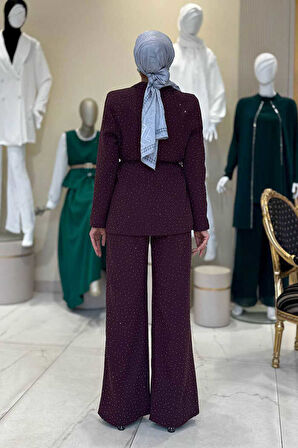 Taş Detaylı Ceket Pantolon İkili Takım 8599 Mürdüm