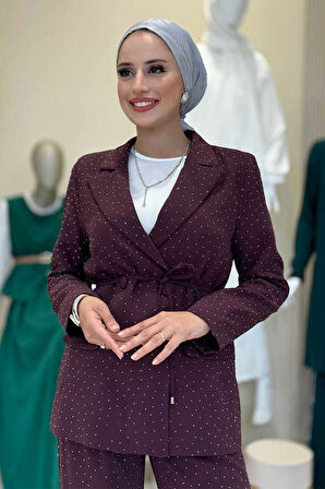 Taş Detaylı Ceket Pantolon İkili Takım 8599 Mürdüm