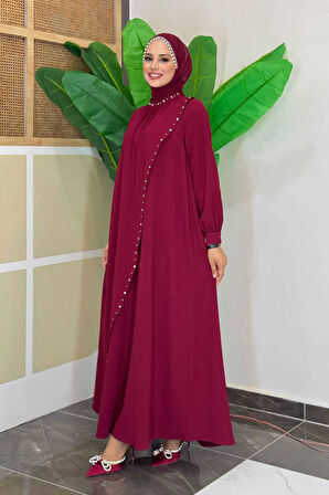 Çapraz Parça Görünümlü İncili Elbise 3879 Bordo