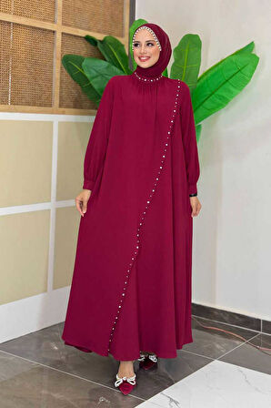 Çapraz Parça Görünümlü İncili Elbise 3879 Bordo