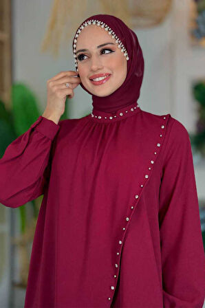 Çapraz Parça Görünümlü İncili Büyük Beden Elbise 3879-1 Bordo