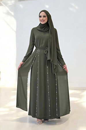 Taş Detaylı Şallı Elbise Takım 3953 Haki