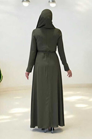 Taş Detaylı Şallı Elbise Takım 3953 Haki