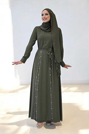 Taş Detaylı Şallı Elbise Takım 3953 Haki