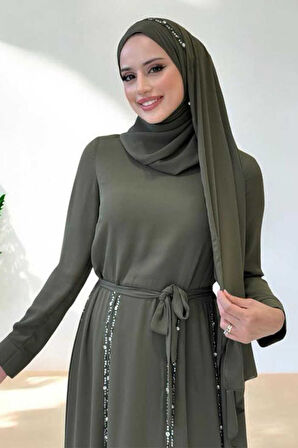 Taş Detaylı Şallı Elbise Takım 3953 Haki