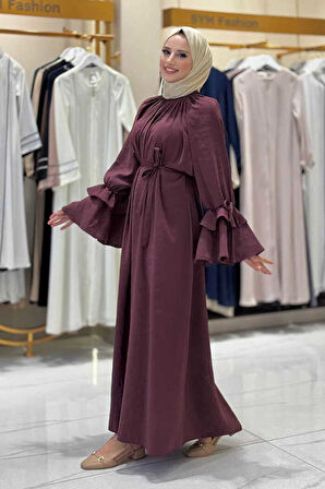 Kol Fırfır Detaylı Elbise 3925 Bordo