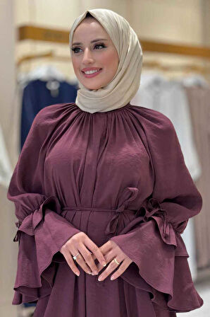 Kol Fırfır Detaylı Elbise 3925 Bordo