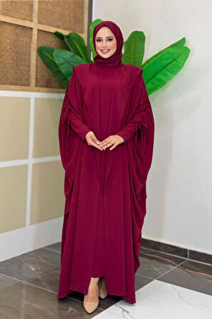 Kapüşonlu Abaya ve  Elbise İkili Takım 70013 Bordo