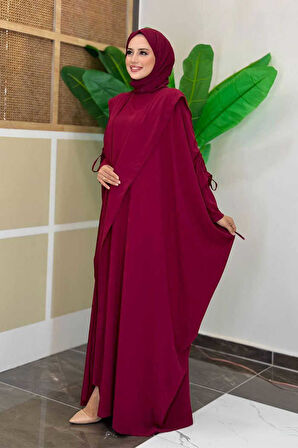 Kapüşonlu Abaya ve  Elbise İkili Takım 70013 Bordo