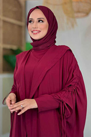 Kapüşonlu Abaya ve  Elbise İkili Takım 70013 Bordo