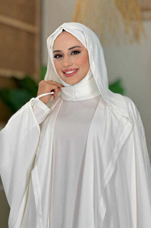 Kapüşonlu Abaya ve  Elbise İkili Takım 70013 Ekru