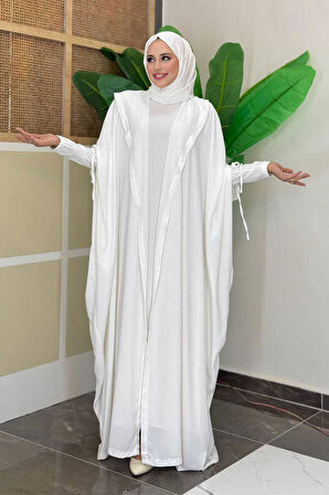 Kapüşonlu Abaya ve  Elbise İkili Takım 70013 Ekru