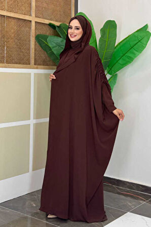 Kapüşonlu Abaya ve  Elbise İkili Takım 70013 Kahverengi