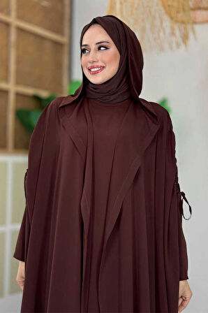 Kapüşonlu Abaya ve  Elbise İkili Takım 70013 Kahverengi