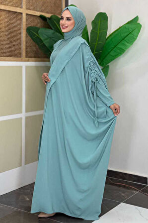 Kapüşonlu Abaya ve  Elbise İkili Takım 70013 Mint