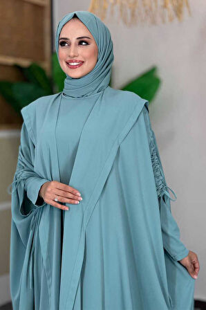 Kapüşonlu Abaya ve  Elbise İkili Takım 70013 Mint