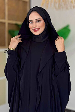 Kapüşonlu Abaya ve  Elbise İkili Takım 70013 Siyah