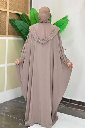 Kapüşonlu Abaya ve  Elbise İkili Takım 70013 Vizon