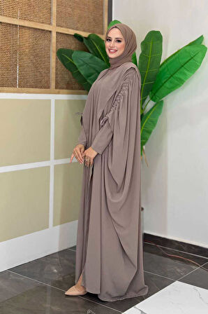 Kapüşonlu Abaya ve  Elbise İkili Takım 70013 Vizon