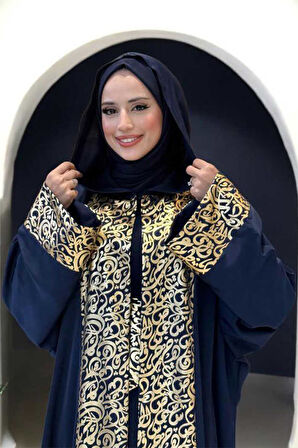 Arapça Harf Baskılı Abaya 70014 Lacivert