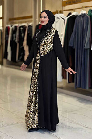 Arapça Harf Baskı Detaylı Abaya 70015 Siyah