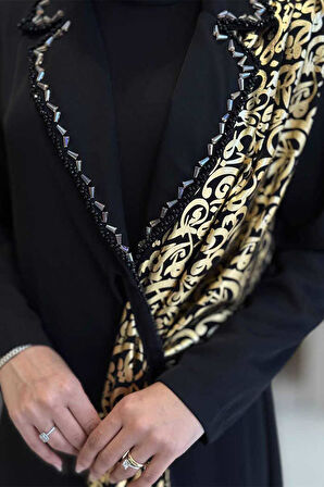 Arapça Harf Baskı Detaylı Abaya 70015 Siyah