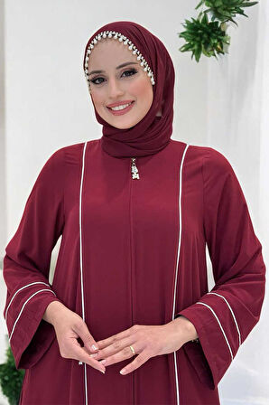 Çizgi Detaylı Boydan Fermuarlı Tam Boy Ferace 6011 Bordo