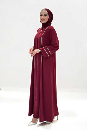 Çizgi Detaylı Boydan Fermuarlı Tam Boy Ferace 6011 Bordo