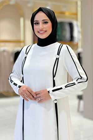 Büyük Beden Düğme Detaylı Elbise 3919-1 Ekru